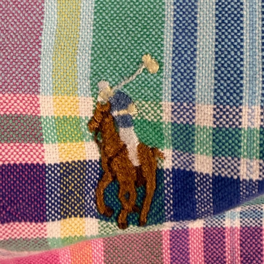 Polo Ralph Lauren Button Down Shirt Mens Medium Madras Plaid Cotton Flesh Pony - Picture 4 of 9